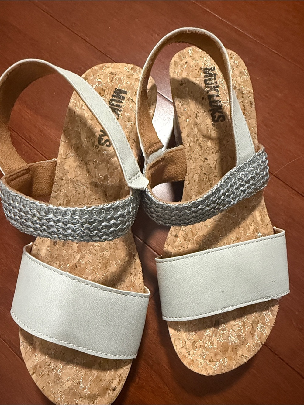 Muk Luks White Cork Sandals with Braided Silver Strap